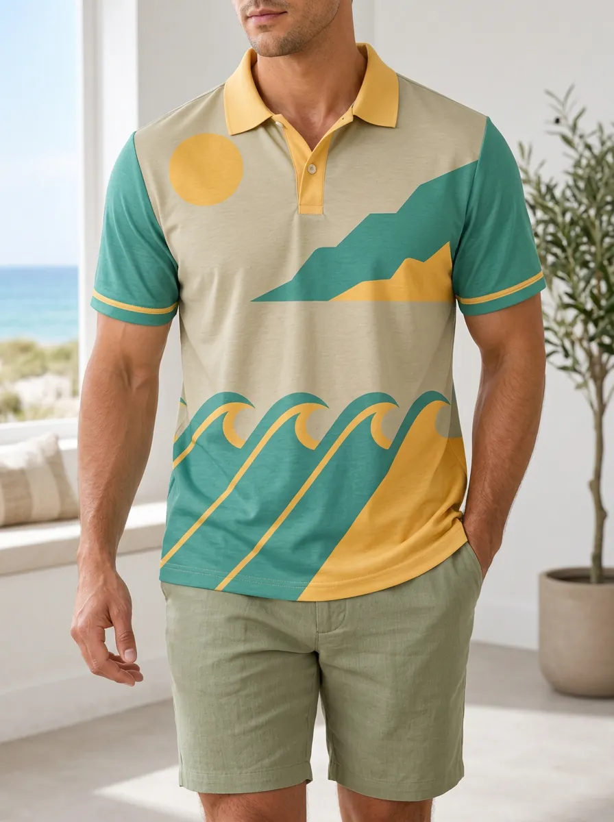 Men's Beach Lover Ocean Mountain Sun Printed Polo Shirt
