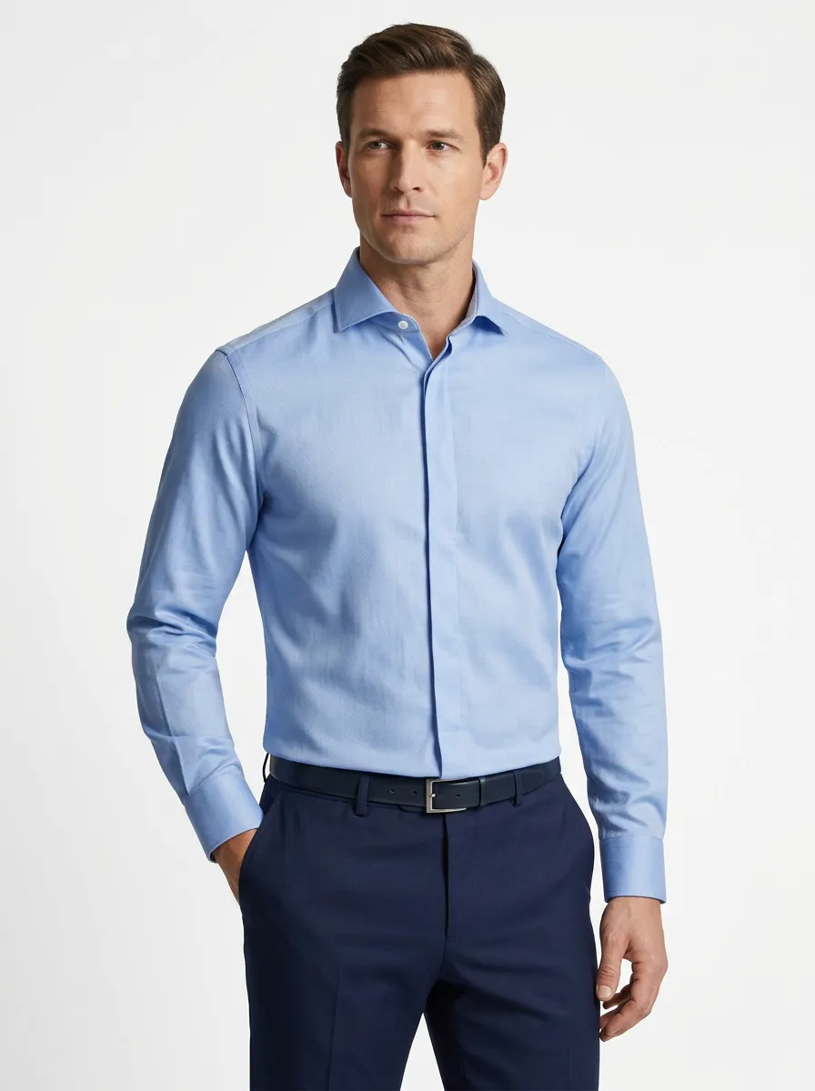 Men's Business Formal Light Blue Solid Printed Dress Shirt