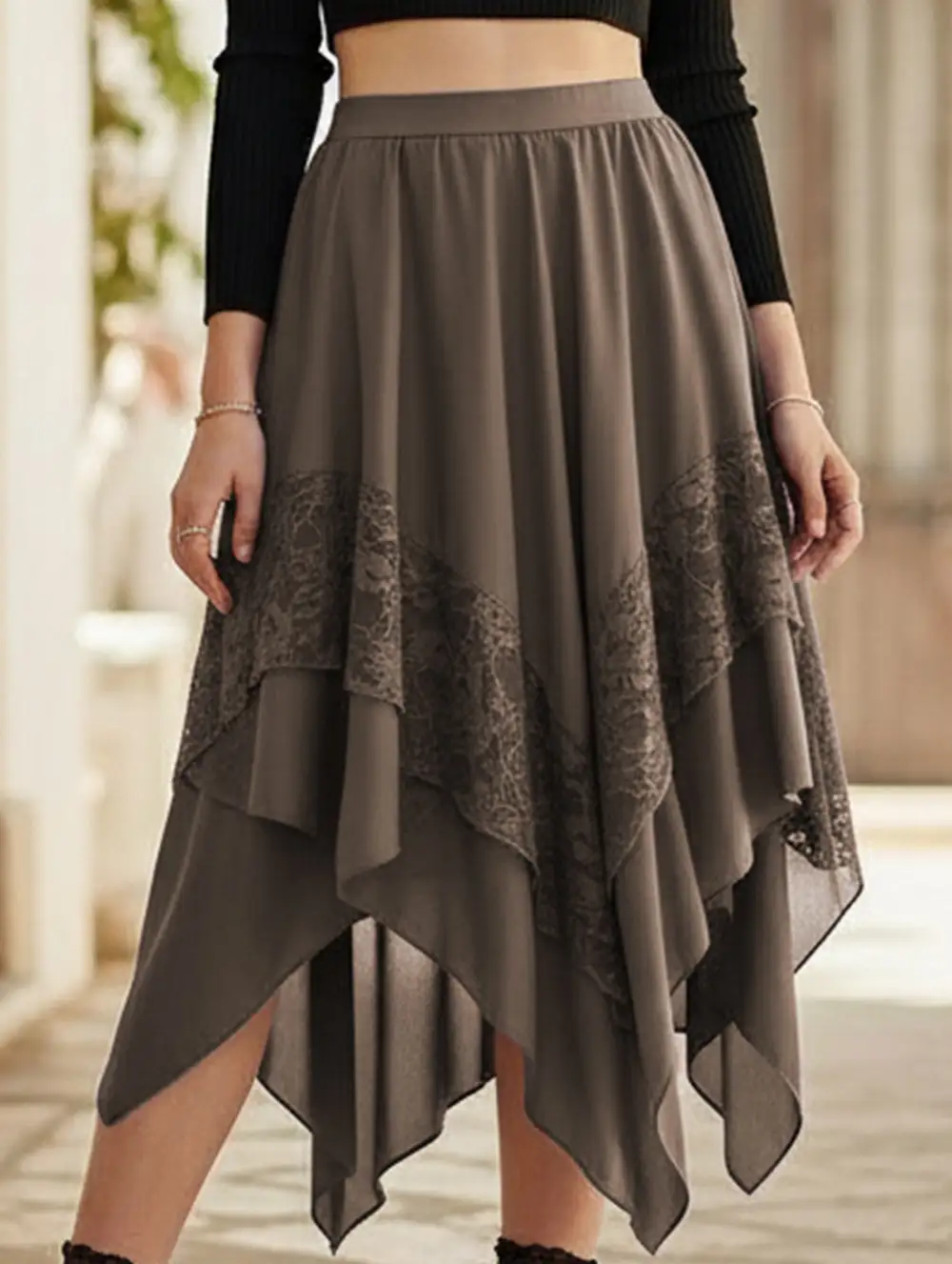 Lace Asymmetric Midi Skirt