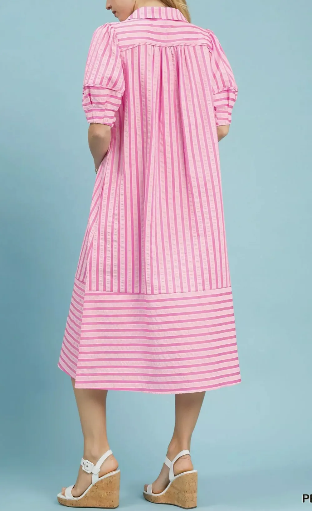 Everyday Striped Puff Sleeve Pocketed Midi Dress