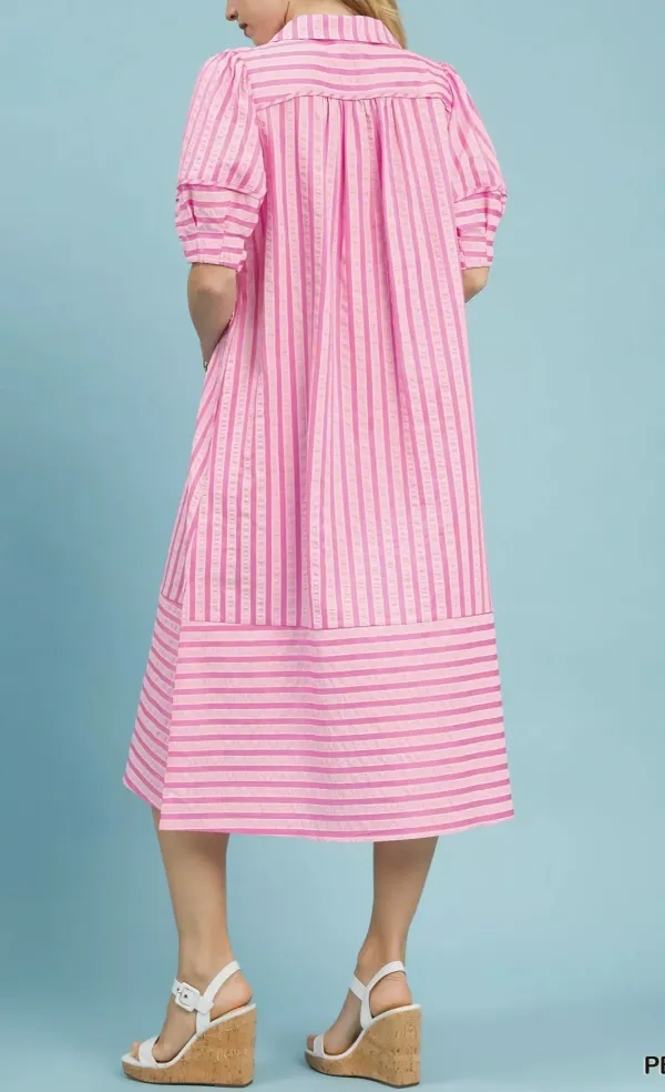 Everyday Striped Puff Sleeve Pocketed Midi Dress