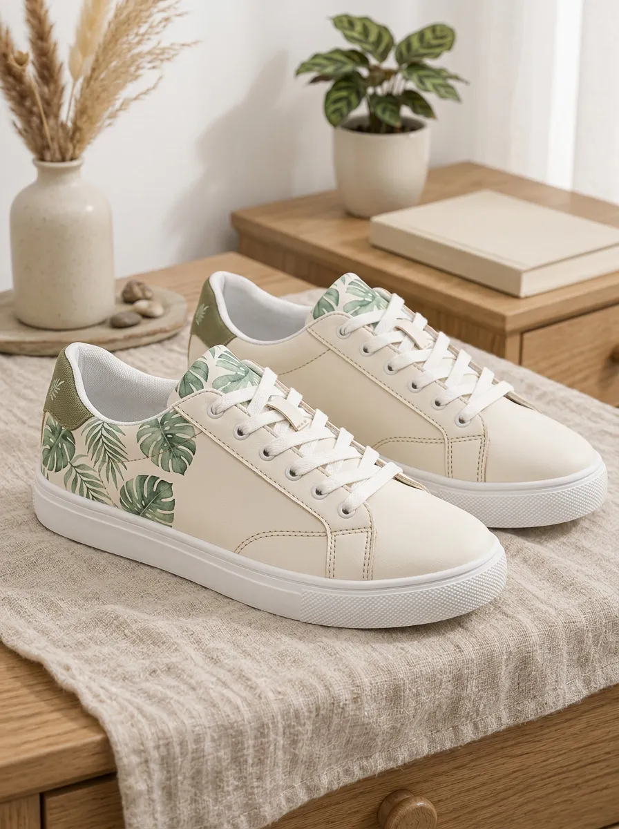 Women's Tropical Monstera Leaf Printed Canvas Sneakers