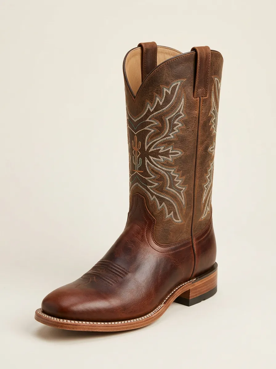 Men's Western Cowboy Cactus Embroidered Leather Boots