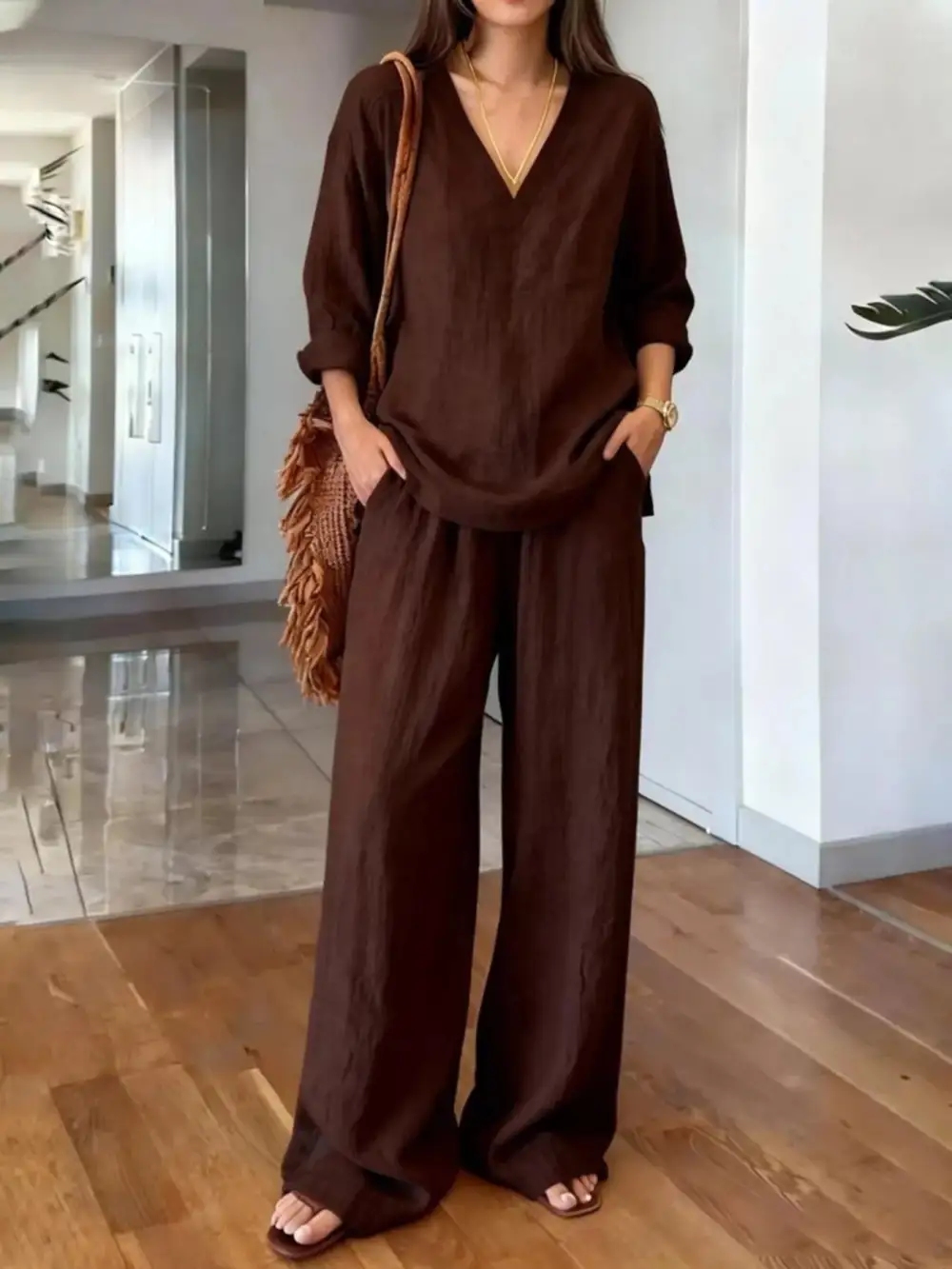 V Neck Top and Wide Leg Pants Set