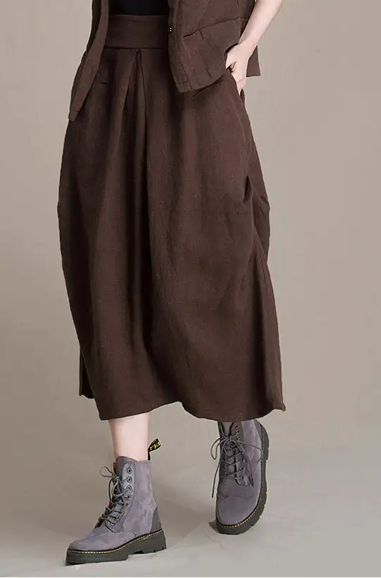 Linen Blend A Line High Waist Maxi Skirt