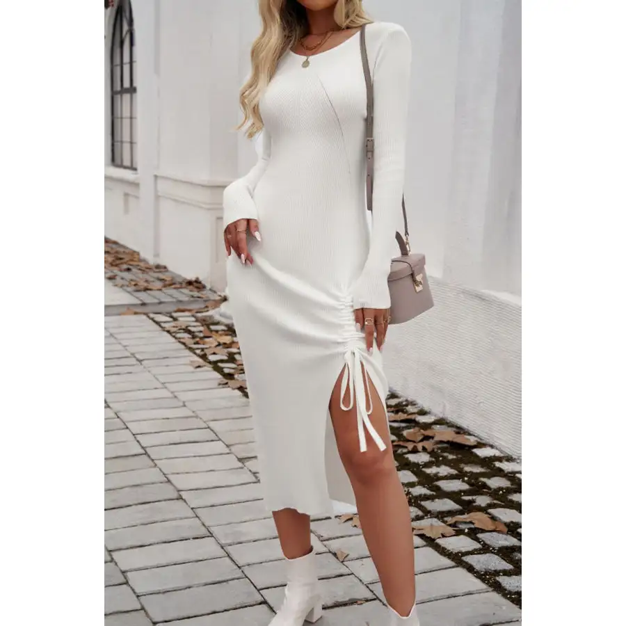 Drawstring Round Neck Long Sleeve Midi Dress