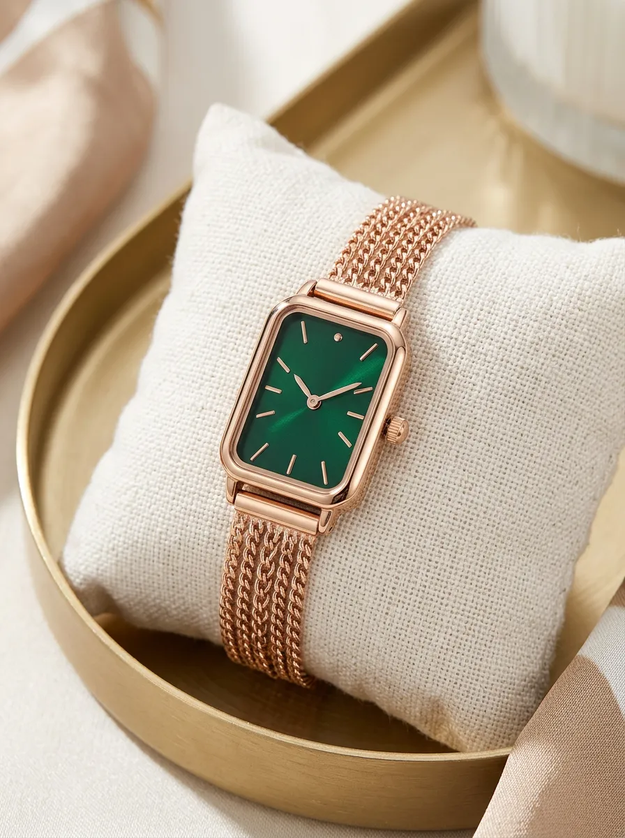 Emerald Green Rectangular Rose Gold Tone Watch