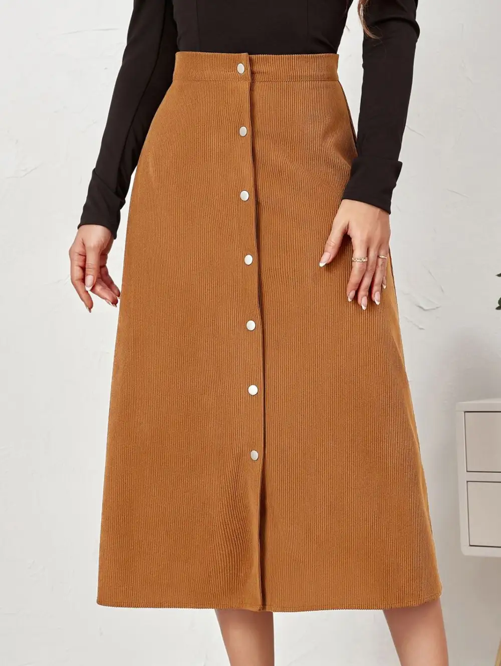 Corduroy Button Front Midi Skirt