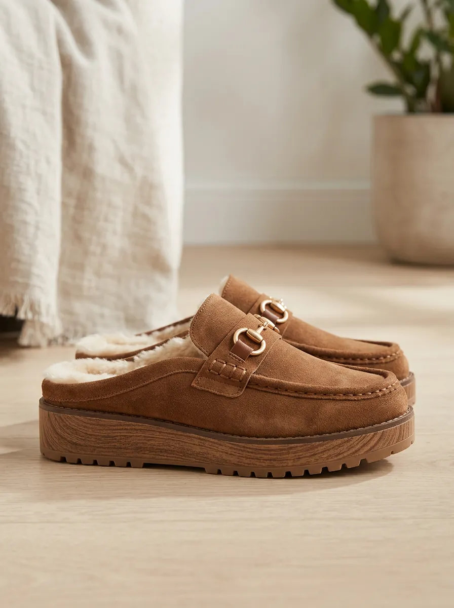 Women's Worksite Faux Fur Lined Buckle Detail Platform Suede Wood Sole Loafers