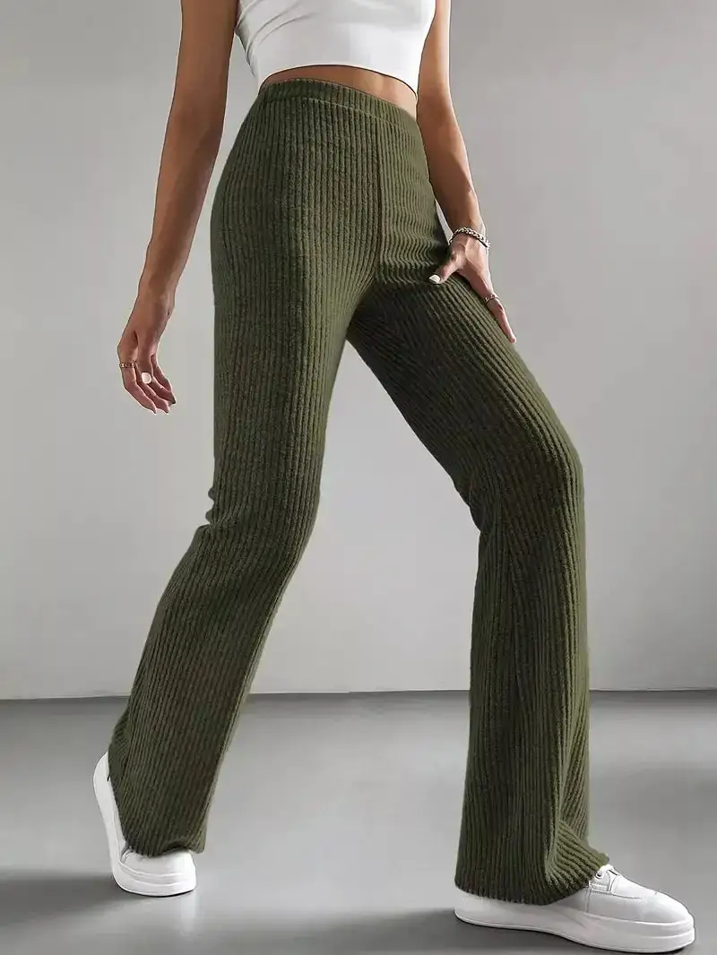 Classic Ribbed Knit High Waist Flare Pants