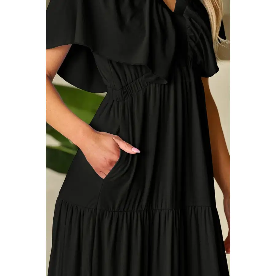 Ruffled V Neck Flutter Sleeve Maxi Dress