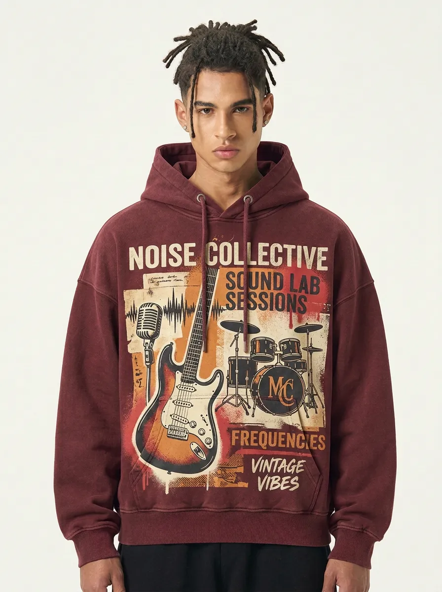 Men's Rock Band Music Lover Guitar Drum Printed Hoodie