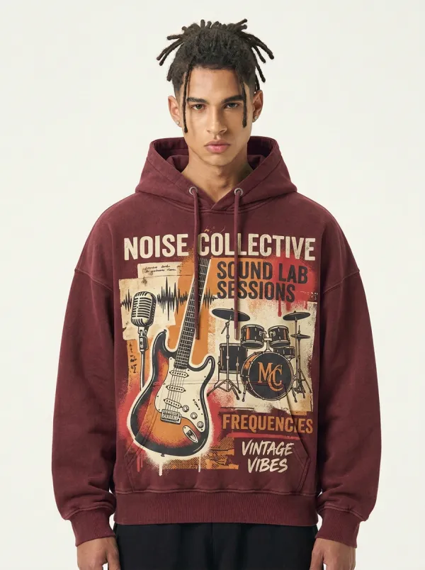 Men's Rock Band Music Lover Guitar Drum Printed Hoodie