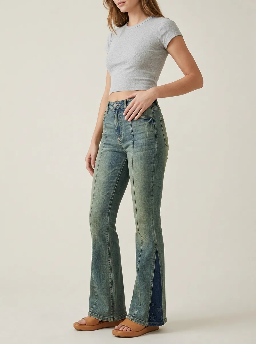 Women's Star Print Side Slit High Rise Flare Jeans