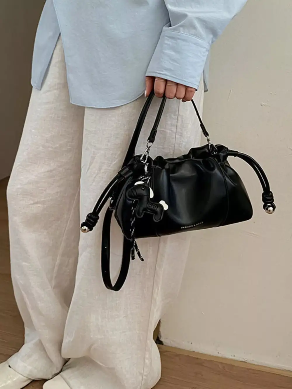 Women's Drawstring Leather-Look Crossbody Bag