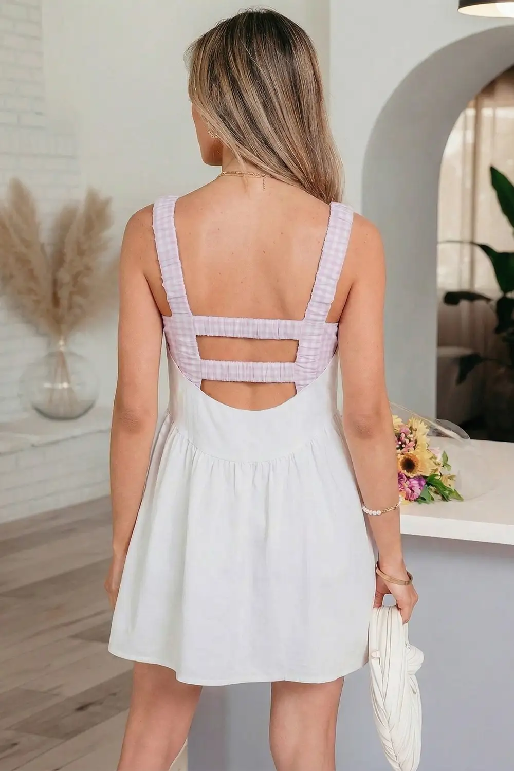 Gingham Contrast Trim Mixed Panel Mini Dress