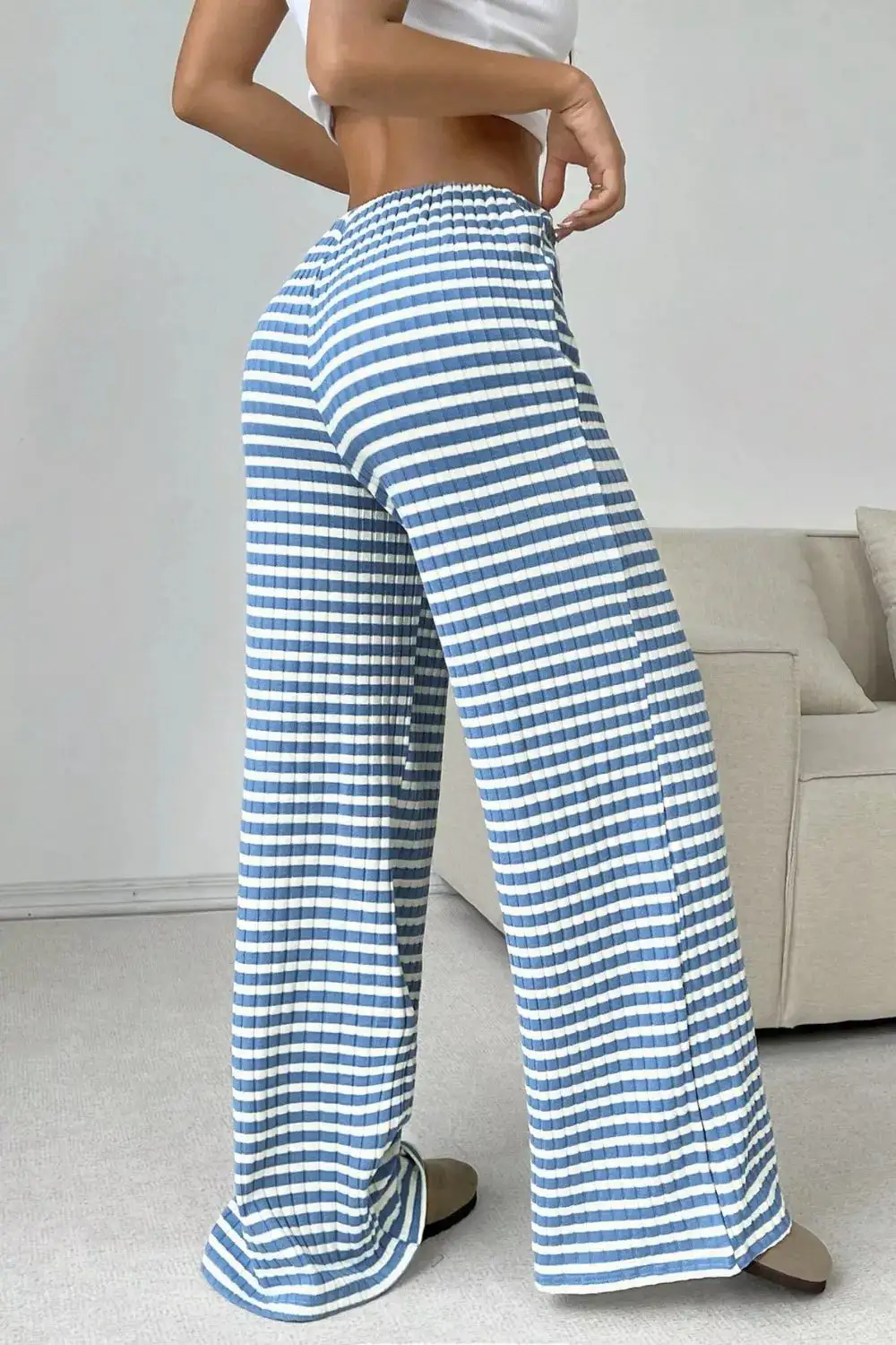 Ribbed Knit Drawstring Wide Leg Pants