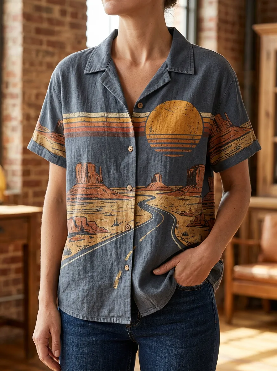 Women's Desert Road Sunset Graphic Printed Shirt