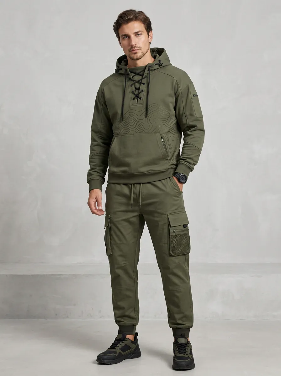 Trail-Inspired Lace-Up Topographic Utility Look Men's Lace Up Hoodie And Cargo Jogger Set