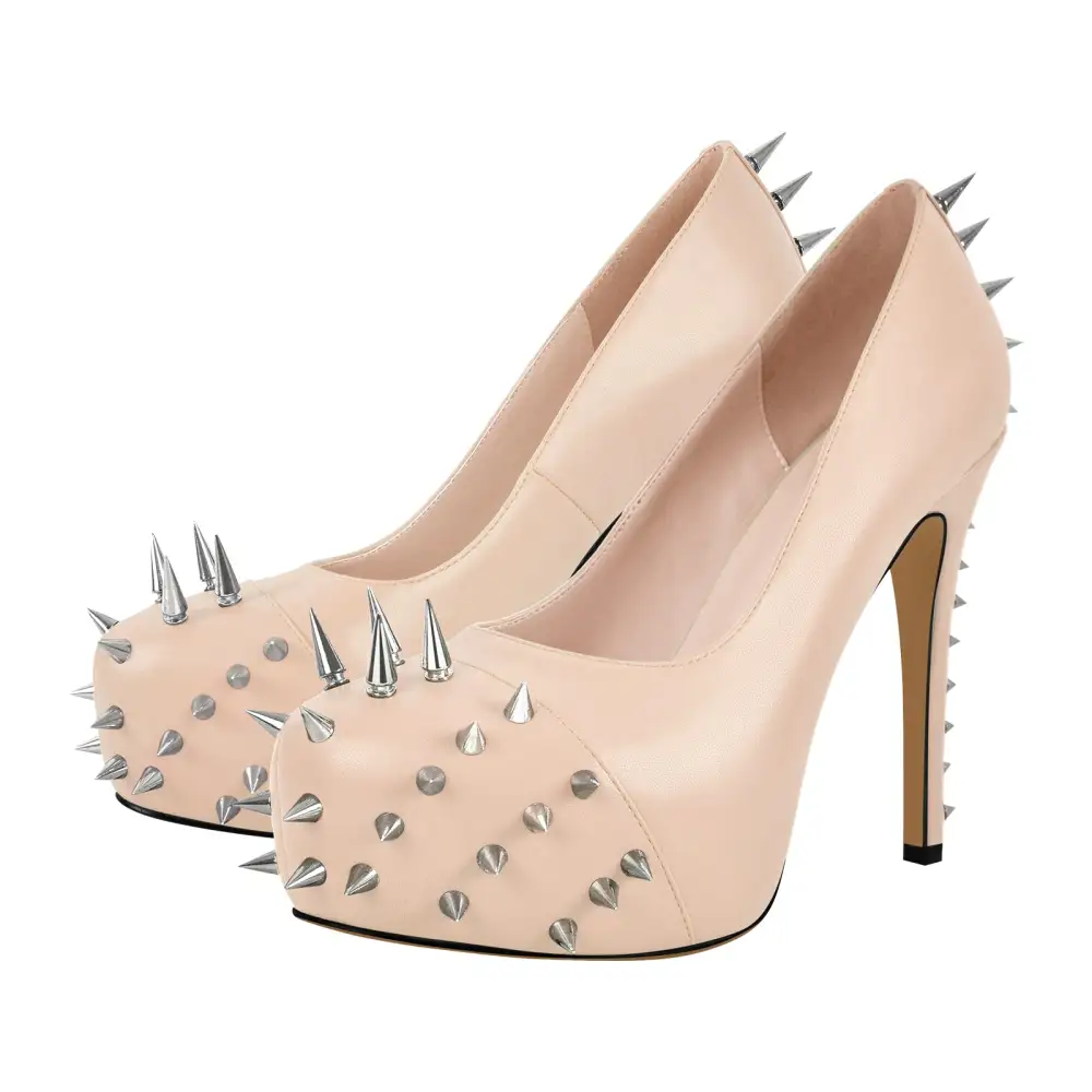Rivet Round Toe Platform Stiletto Buckle Strap Pumps