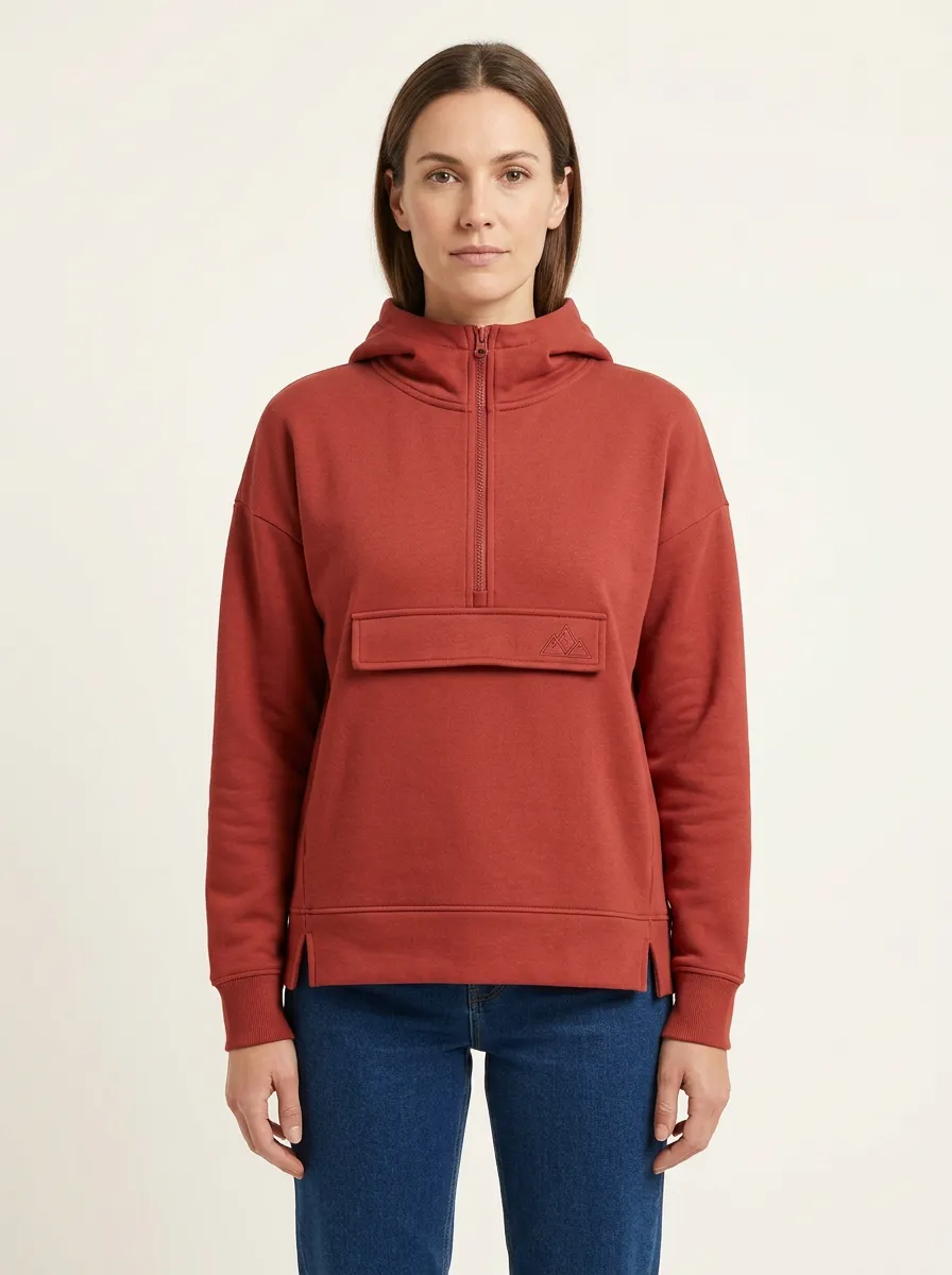 Women's Mountain-Embroidered Half-Zip Flap-Pocket Hoodie
