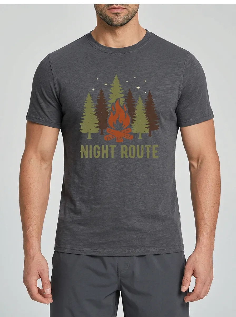 Men's Camping Lover Night Route Campfire Pine Trees Printed T-shirt