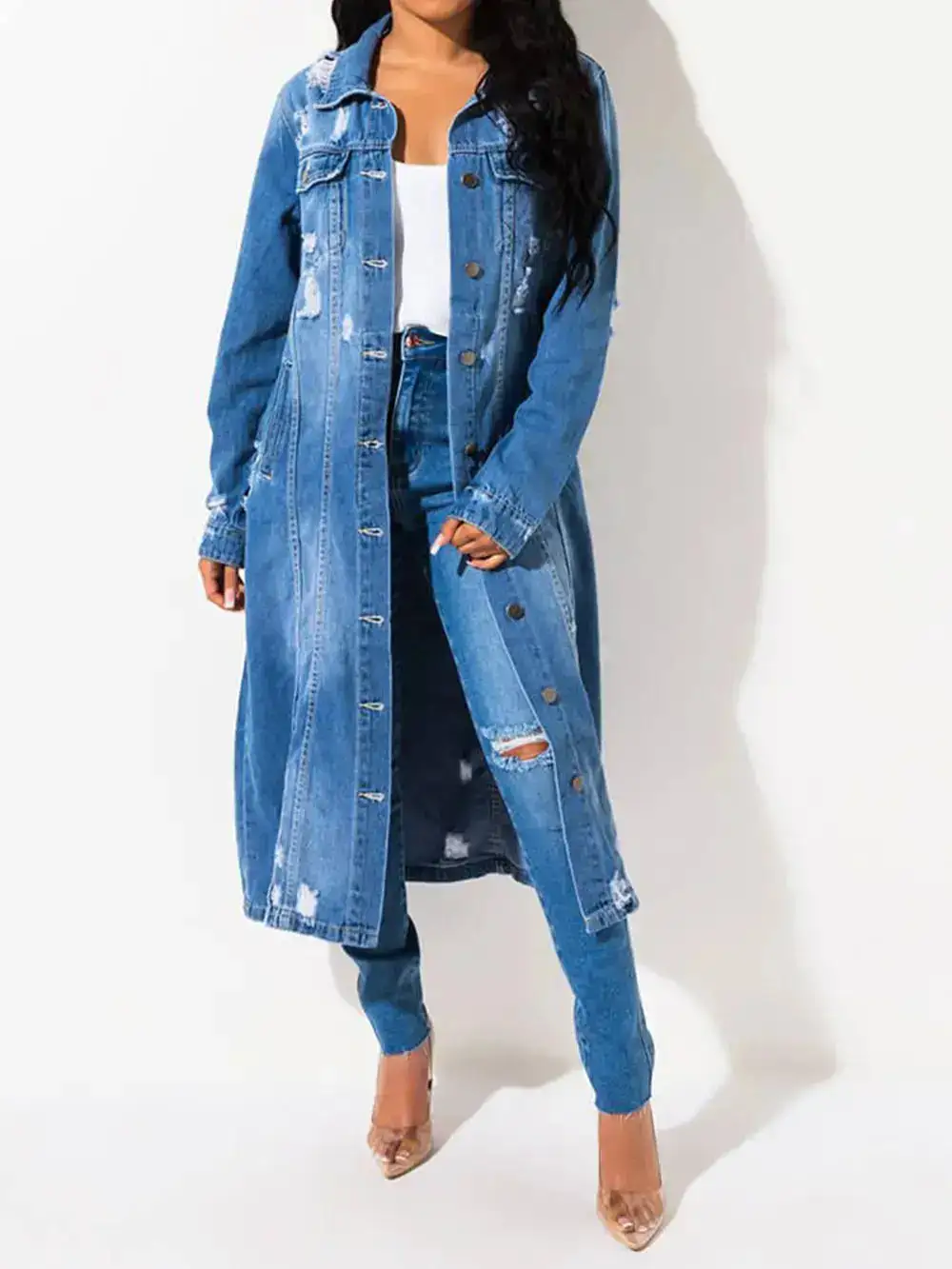 Denim Raw Hem Collared Casual Jacket