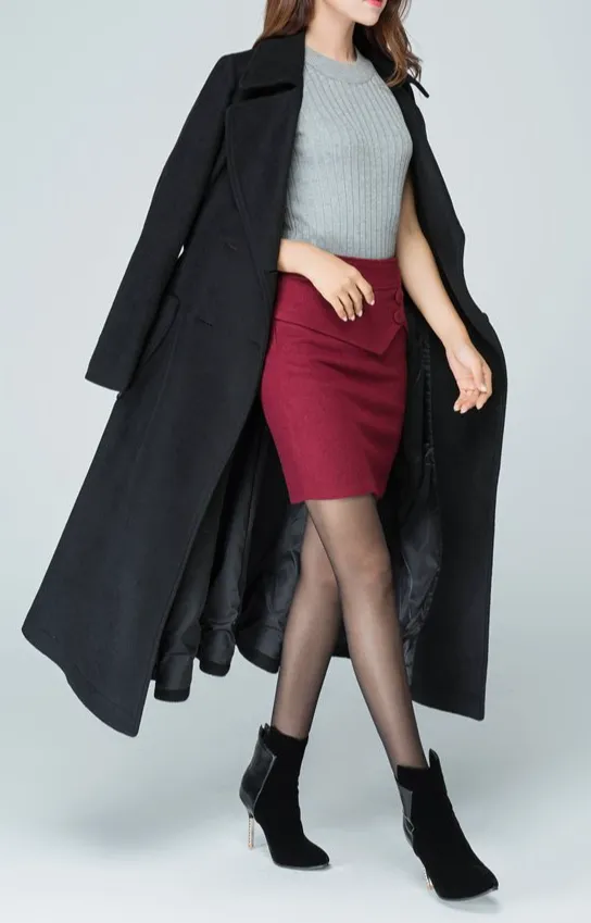 Wool Tailored Hooded Double Breasted Ruffle Trim Long Coat