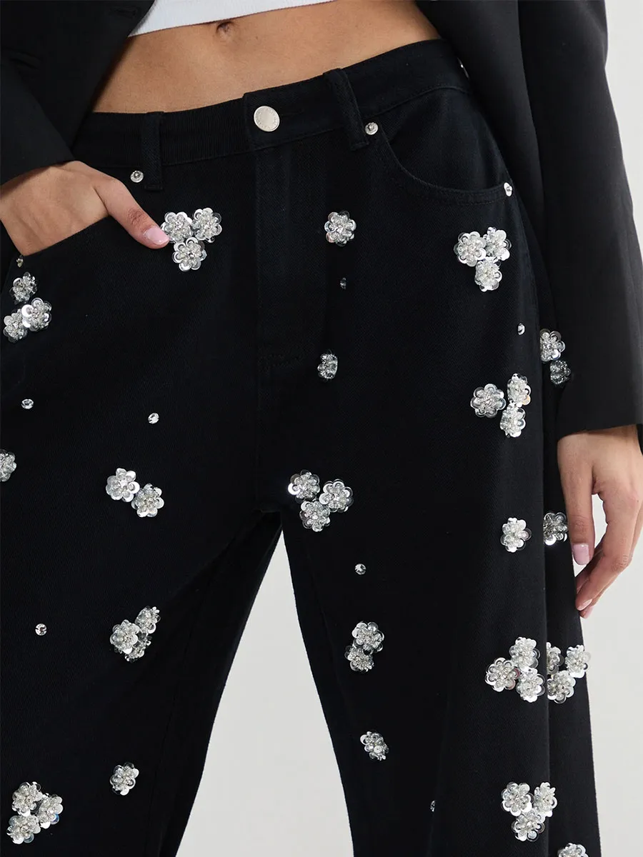 Women's Black Rhinestone Flower-Accent Wide-Leg Pants