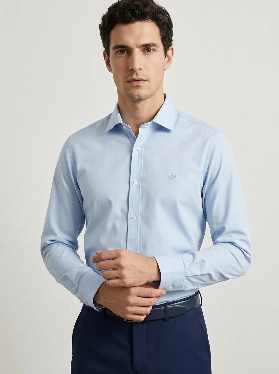 Men's Non-Iron Cotton Compass Logo Embroidered Dress Shirt