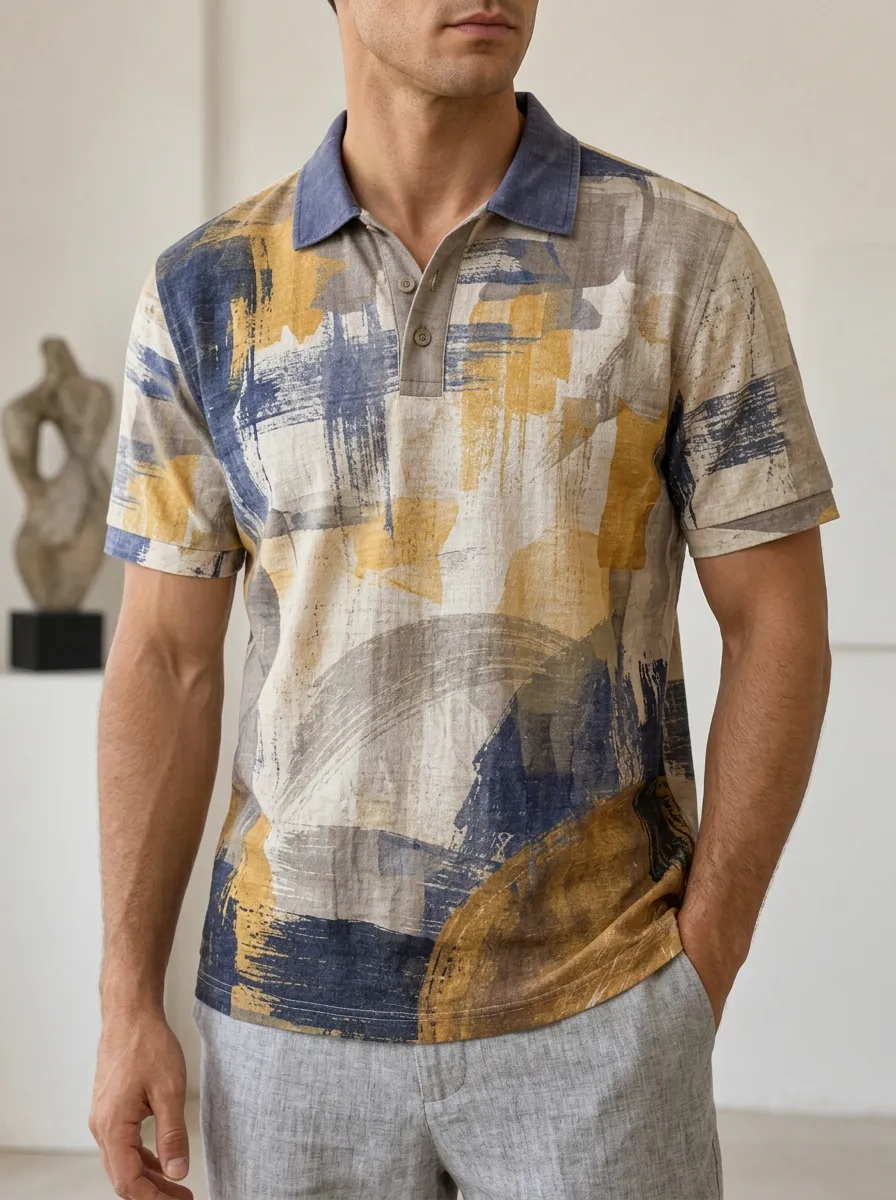 Men's Abstract Art Brushstroke Printed Polo Shirt Relaxed Daily Style