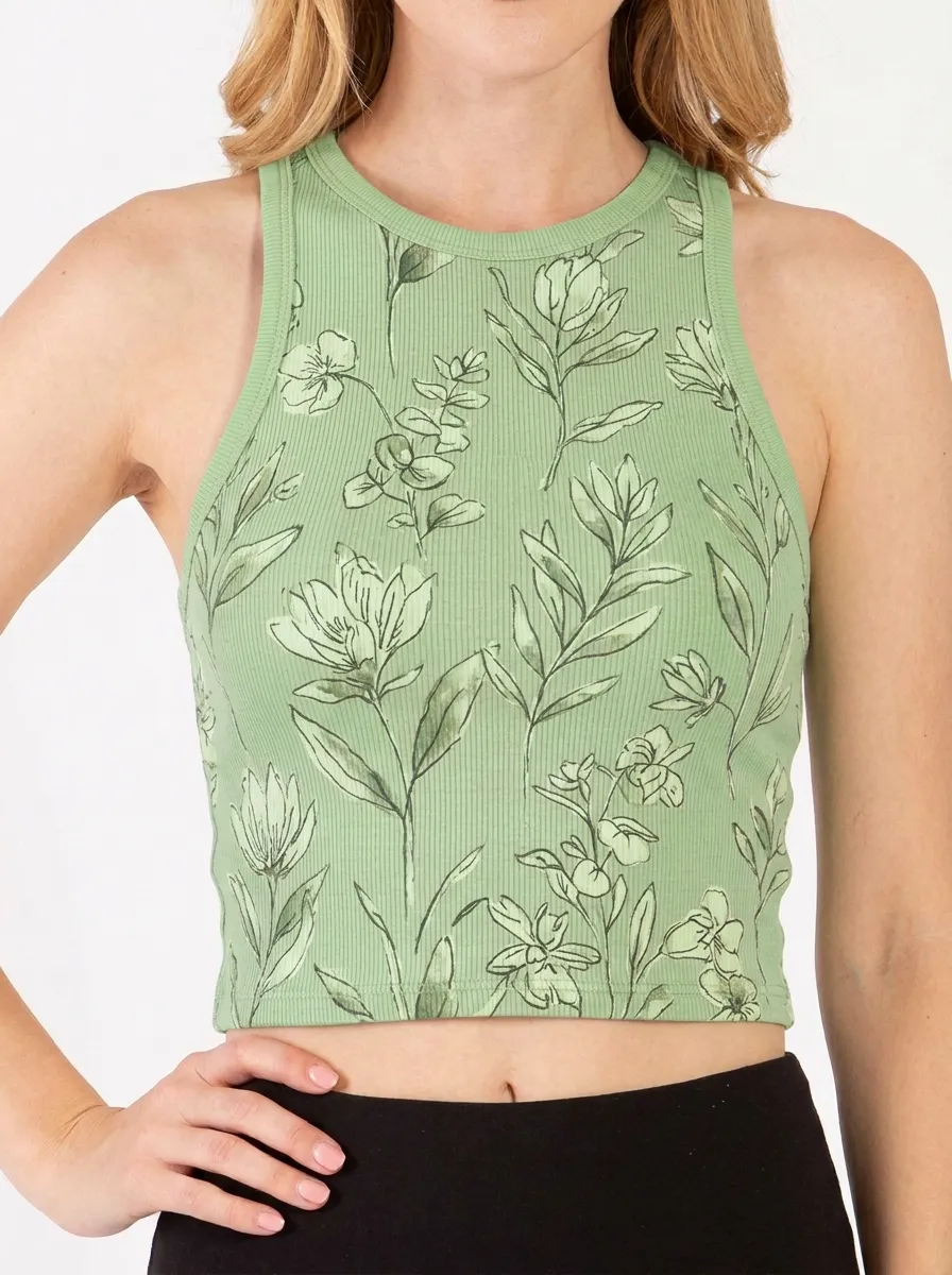 Women's Botanical Floral Ribbed Printed Crop Tank Top
