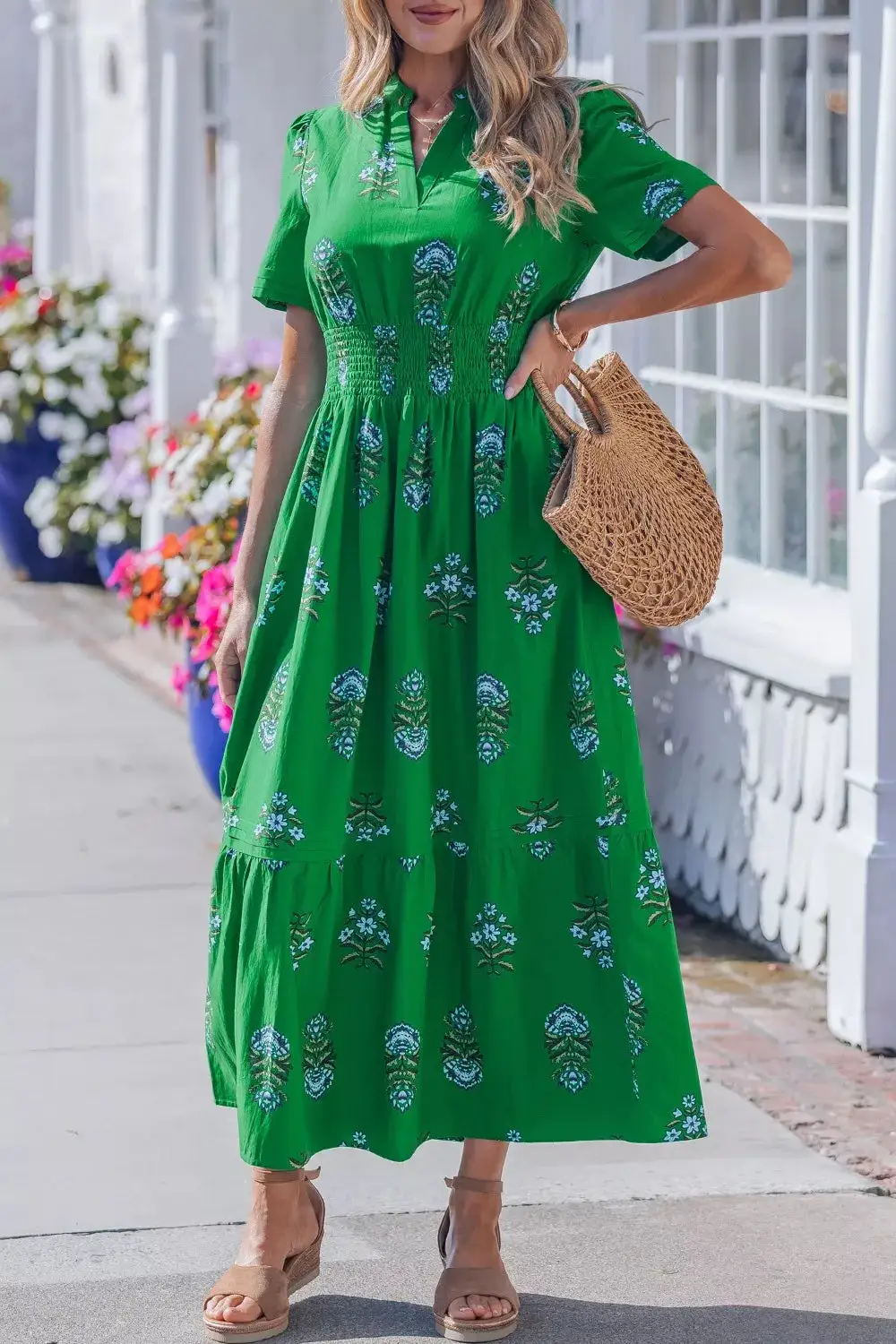 Relaxed Floral Print Smocked Waist Maxi Dress