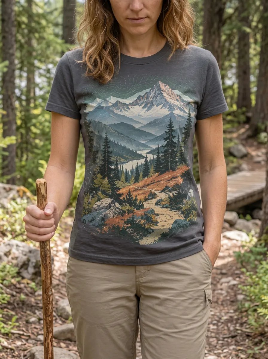 Women's Scenic Hiking Nature Lover Mountain Forest Crew Neck T-Shirt