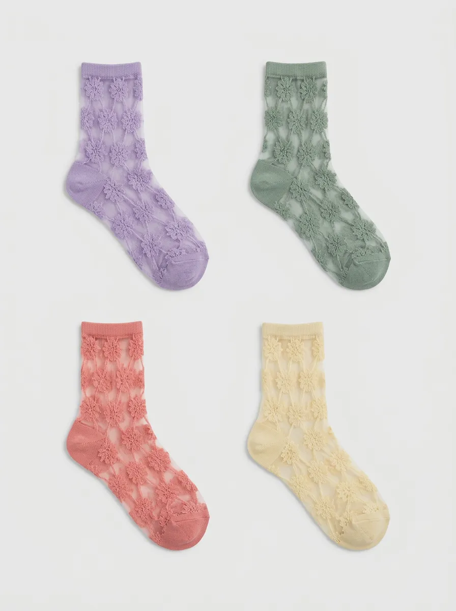 Women's Floral Mesh Sheer Patterned Printed Socks 4-Pack