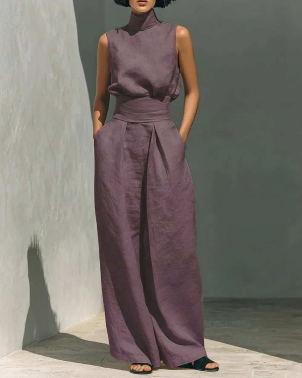 Sleeveless Top Wide Leg Pants Minimalist Two-Piece Outfit