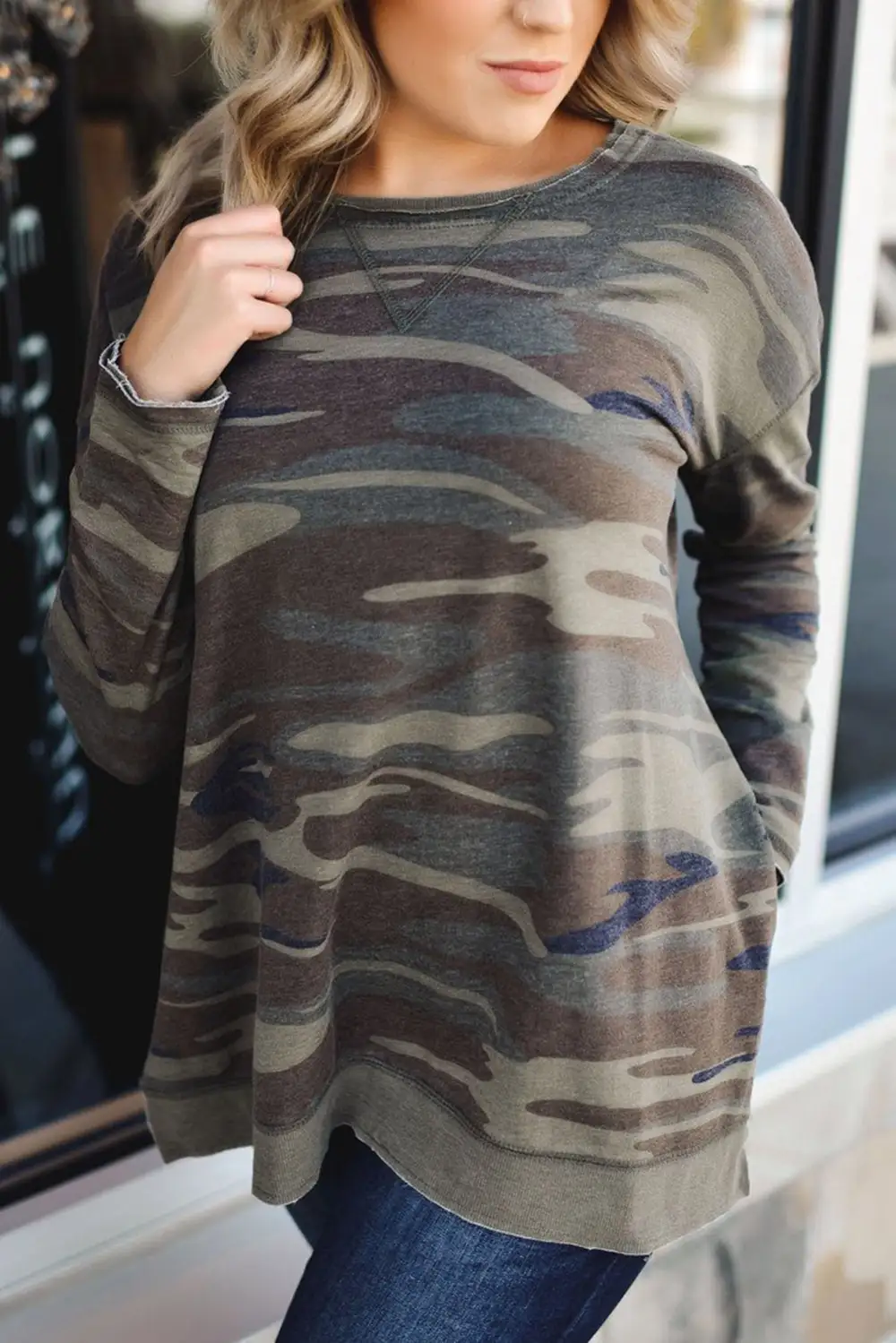 Oversized Camo Print Side Slits Hi Lo Hemline Sweatshirt