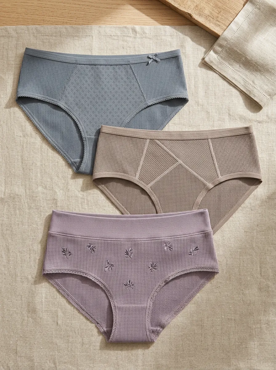 Women's Waffle Knit Floral Embroidered Cotton Panties Set
