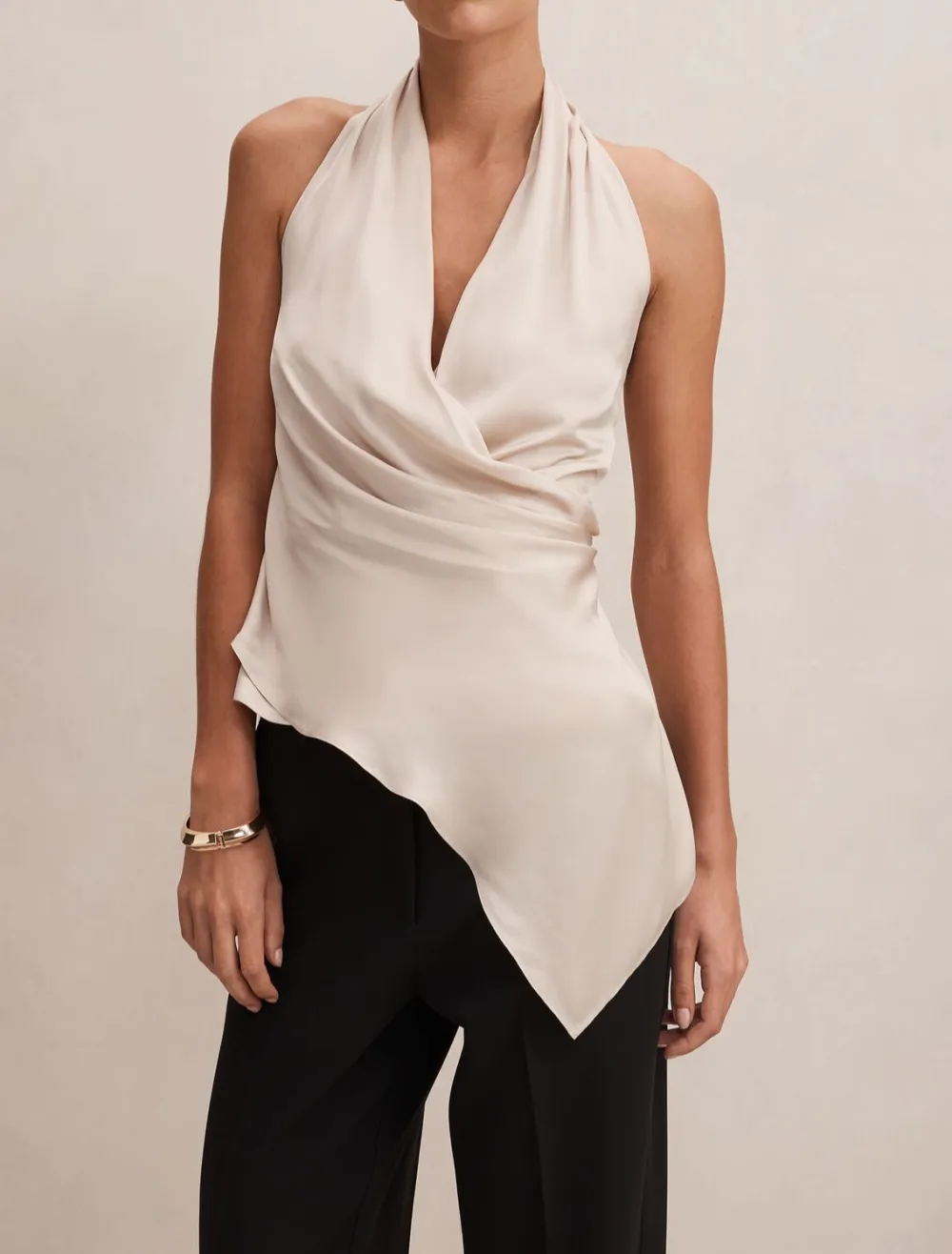 White Sleeveless Drape Front Wrap Blouse