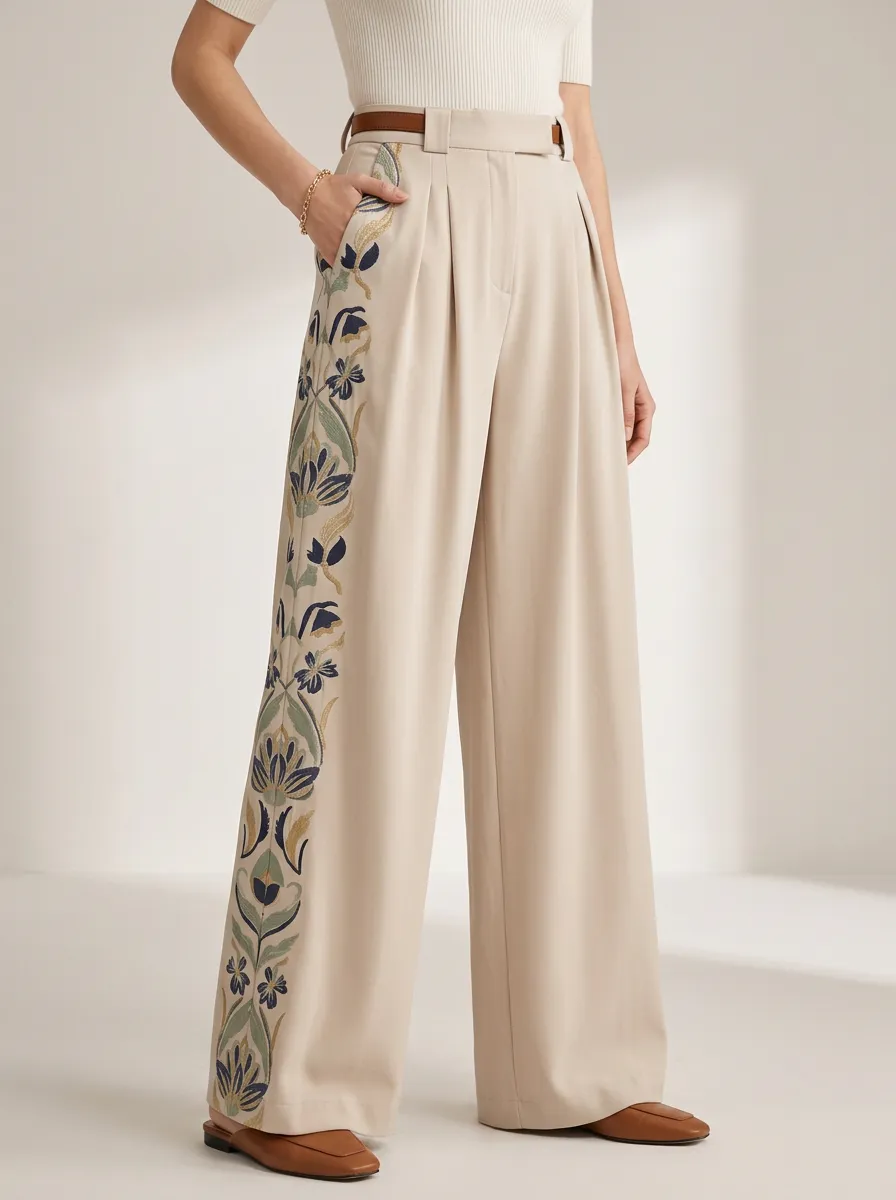 Women's Vintage Floral Side-Panel Patterned High-Waist Wide-Leg Trousers