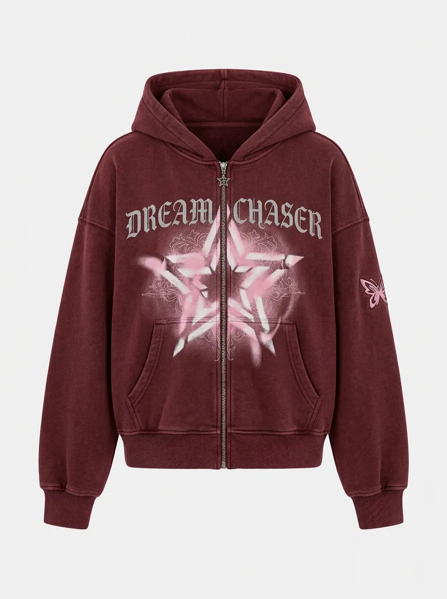 Unisex Streetwear Dream Chaser Pink Star Butterfly Printed Zip-up Hoodie