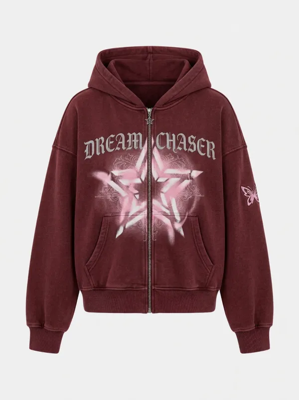 Unisex Streetwear Dream Chaser Pink Star Butterfly Printed Zip-up Hoodie