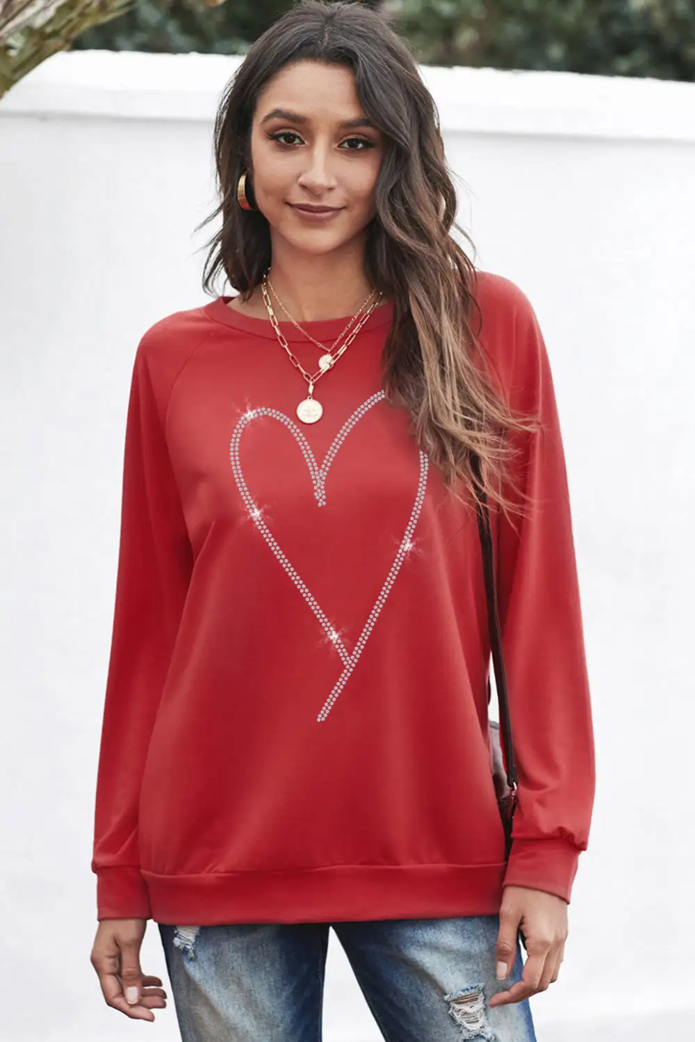 Rhinestone Heart Shaped Long Sleeve Sweatshirt