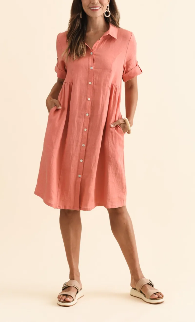 Knee-Length Linen Pocket Collared Half-Sleeve A-Line Dress