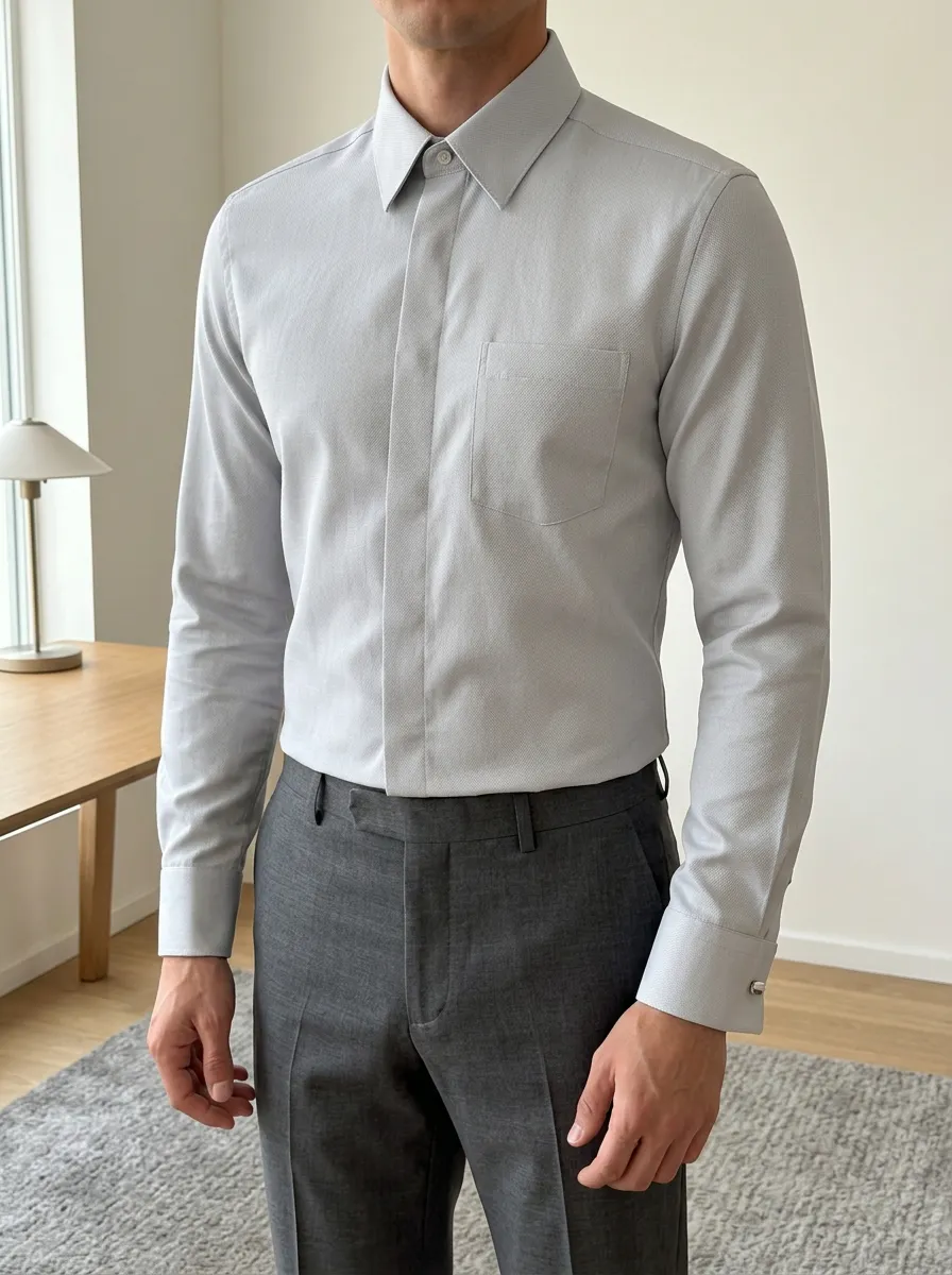 Men's Sleek Textured Chest Pocket Long Sleeve Slim Fit Shirt