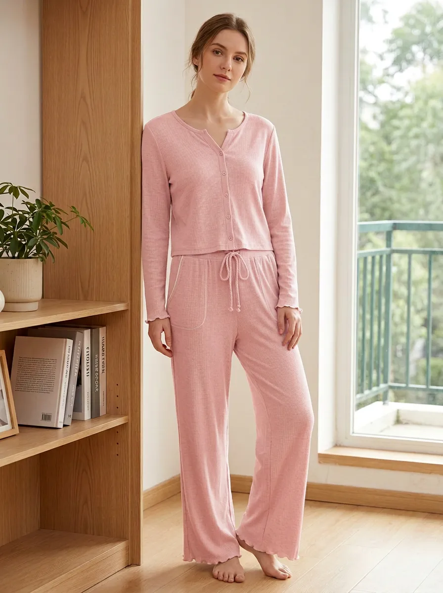 Women's Casual Lounge Ribbed Button-Down Pajama Set