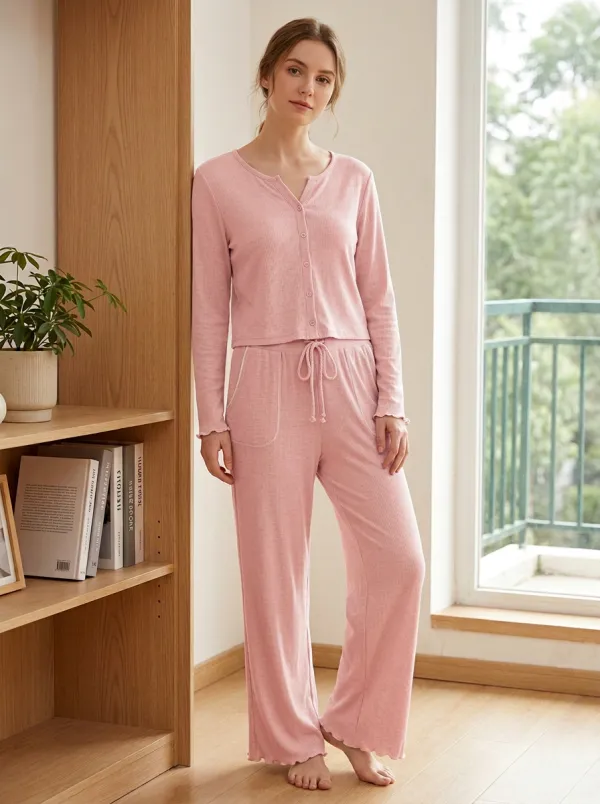 Women's Casual Lounge Ribbed Button-Down Pajama Set
