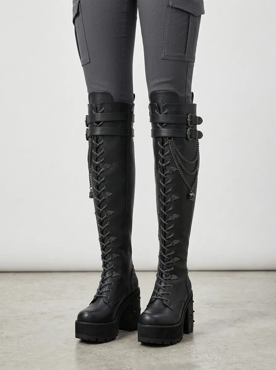 Modern Gothic Skull Bat Lace Edit Women's Gothic Platform Boots