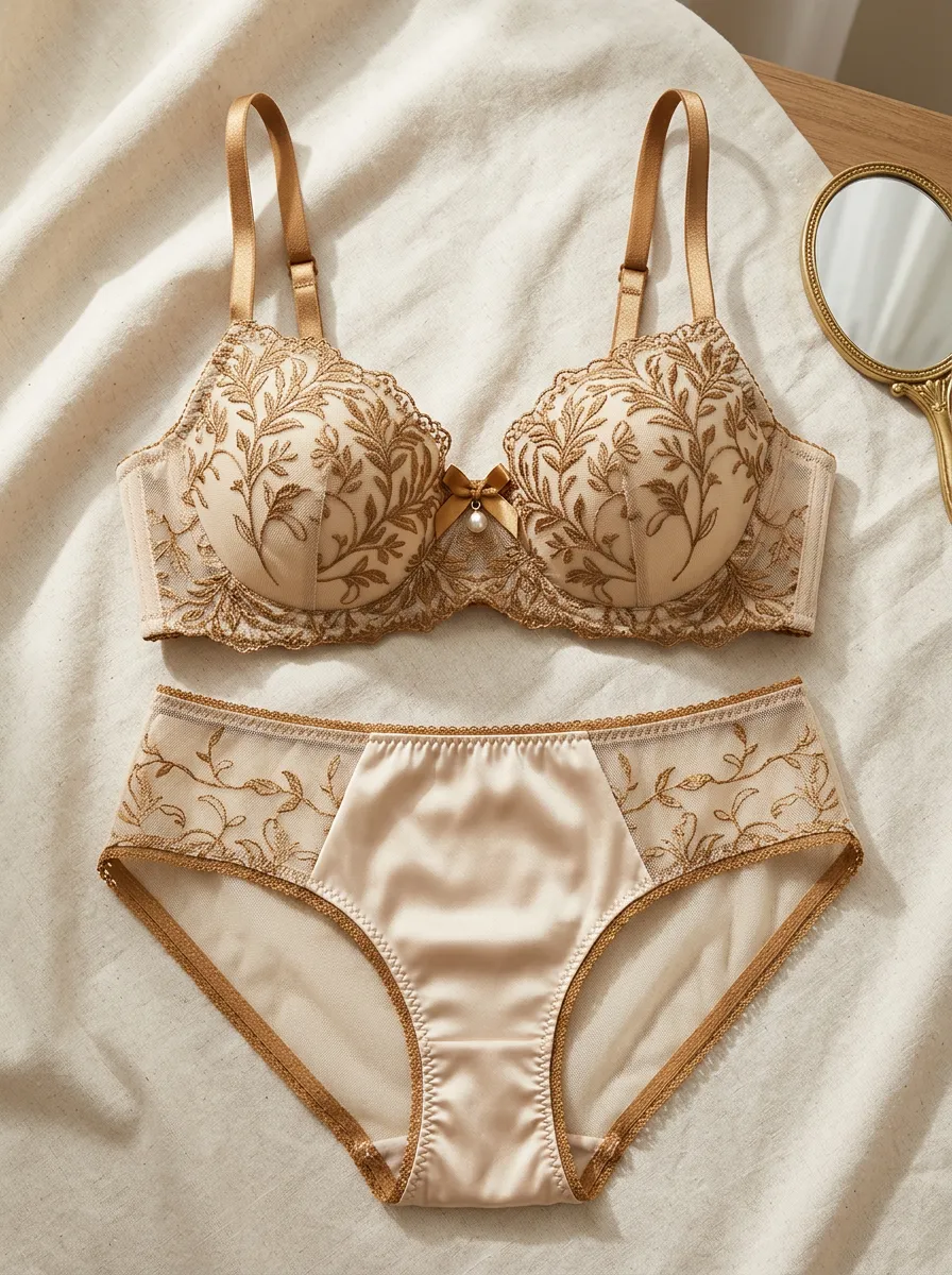 Women's Floral Embroidery Satin Champagne Lingerie Set