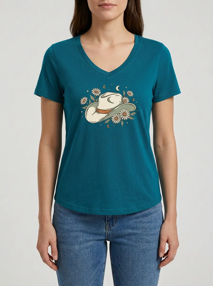 Women's Cowgirl Daisy & Moon Graphic V-Neck T-Shirt